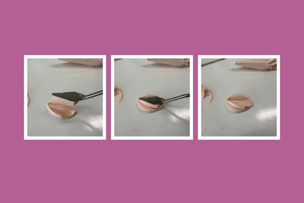 Three views of laying a petal down using light modeling paste as texture, shows the amount of texture in step one then the angle in step 2 and result in step 3