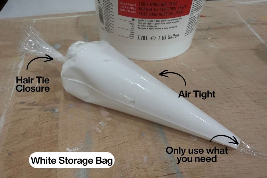 light modeling paste in baking piping bag for storage for textured floral art